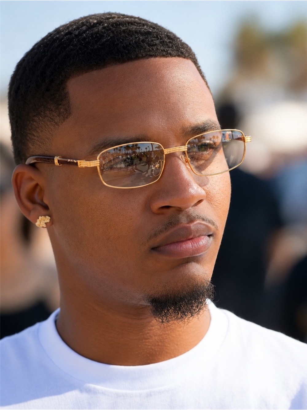 Mens Hip Hop 18k Gold Frame  Rectangle Clear Lens Wood Grain Retro Eye Glasses